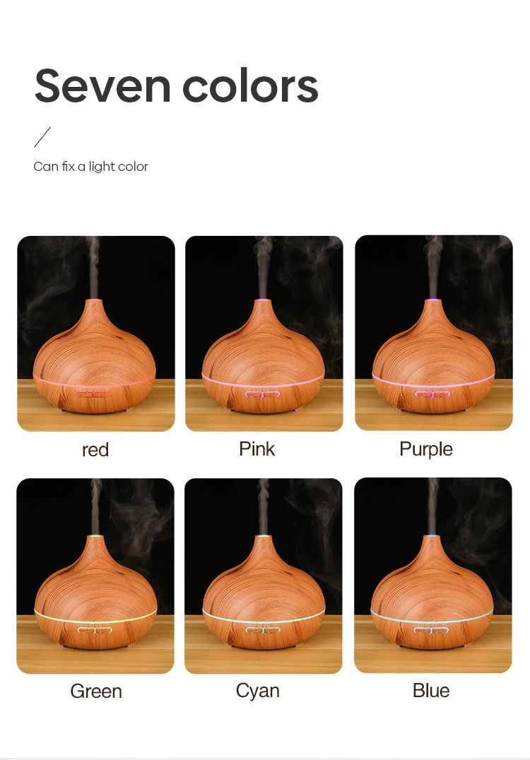 500ml Wood-Grain Ultrasonic Diffuser & Humidifier with Remote and 7-Color LED