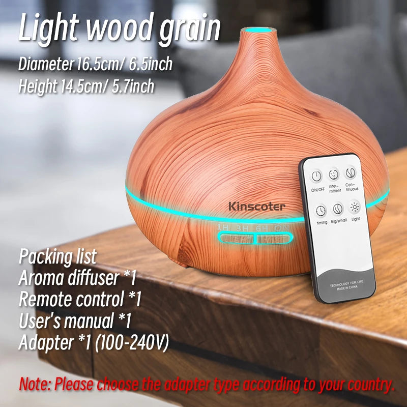 500ml Wood-Grain Ultrasonic Diffuser & Humidifier with Remote and 7-Color LED