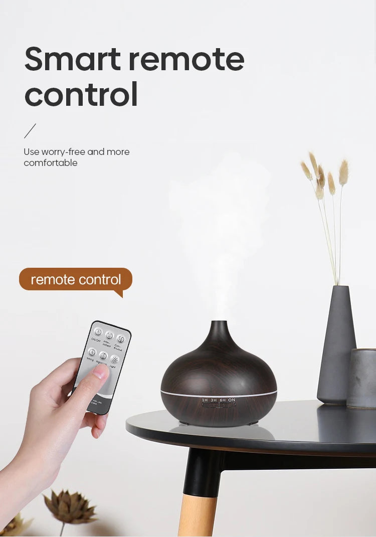 500ml Wood-Grain Ultrasonic Diffuser & Humidifier with Remote and 7-Color LED