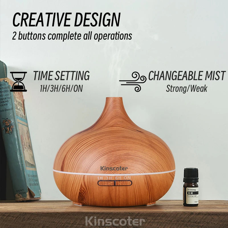 500ml Wood-Grain Ultrasonic Diffuser & Humidifier with Remote and 7-Color LED