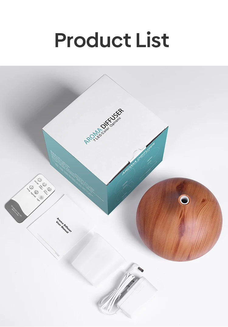 500ml Wood-Grain Ultrasonic Diffuser & Humidifier with Remote and 7-Color LED