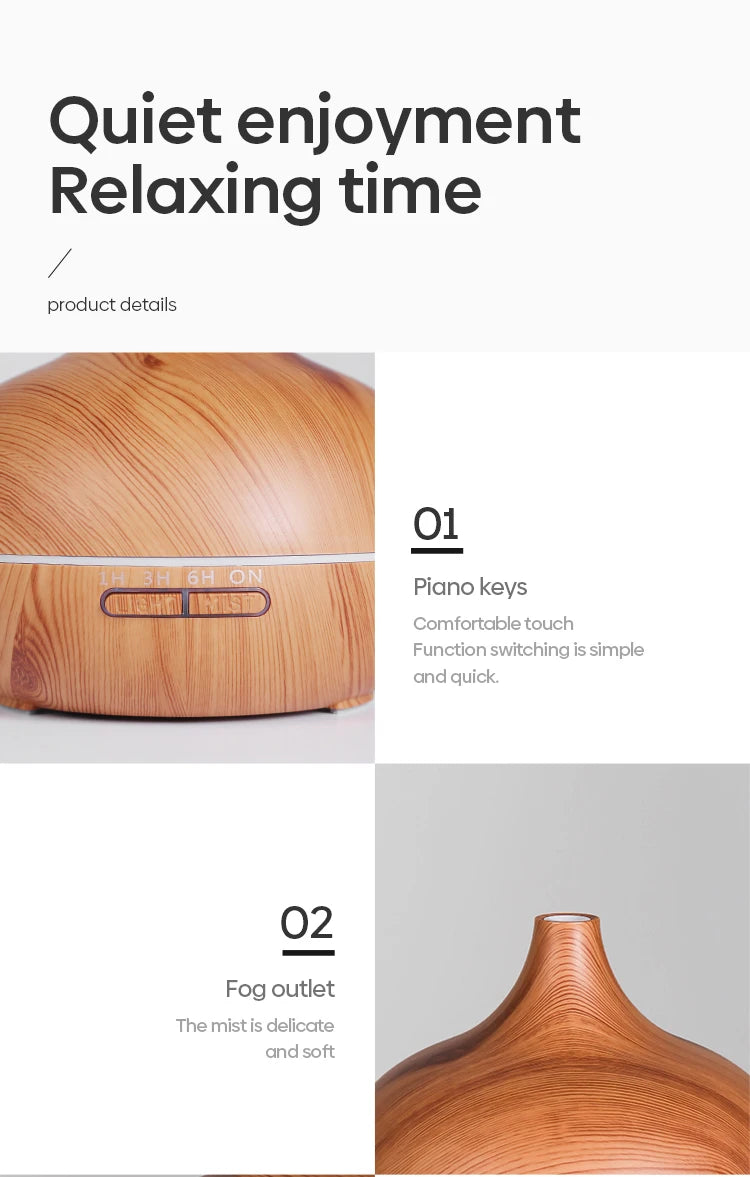 500ml Wood-Grain Ultrasonic Diffuser & Humidifier with Remote and 7-Color LED