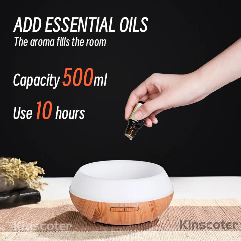 500ml Wood-Grain Ultrasonic Diffuser & Humidifier with Remote and 7-Color LED
